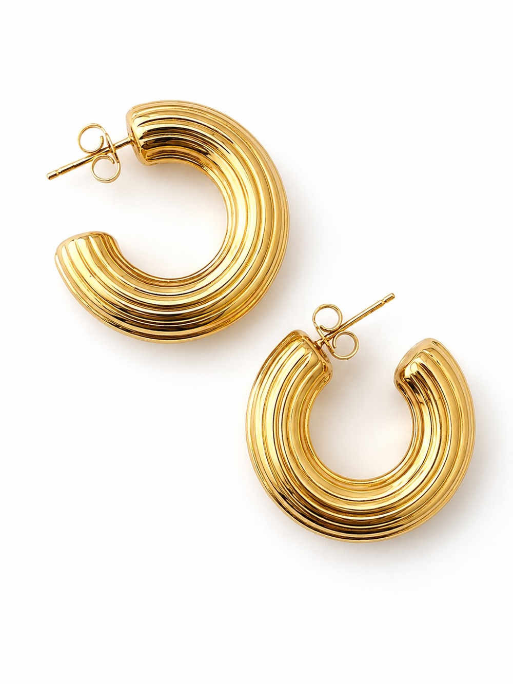 14K Gold Plated Ribbed Hoop Earrings Lightweight Water Resistant Textured Hoops